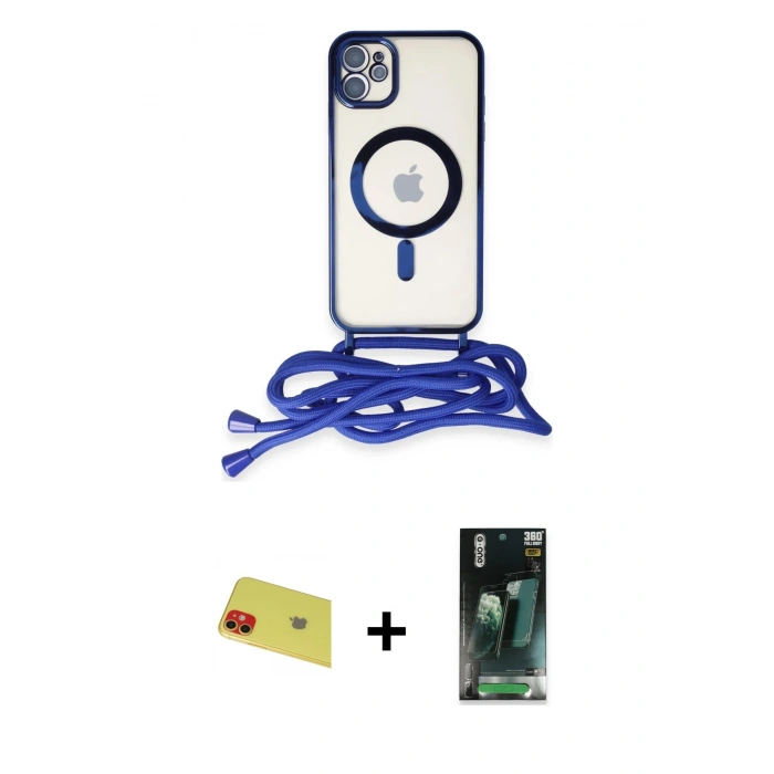 MARSİLYAN™- iPhone 11 Kılıf Eksen Özel Seri - Siyah 360 Mat Full Body Arka Koruyucu + Rainbow Kamera Lens Koruma Cam - KI