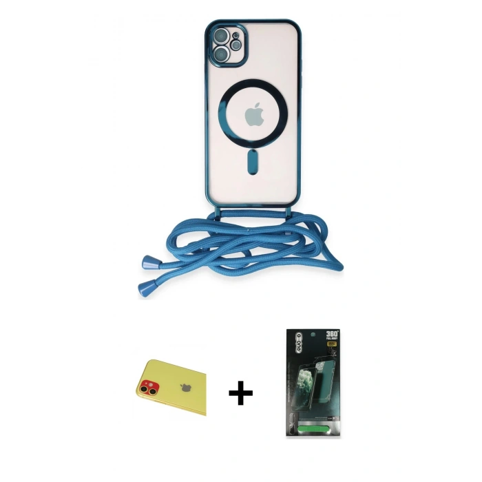 MARSİLYAN™- iPhone 11 Kılıf Eksen Özel Seri - Siyah 360 Mat Full Body Arka Koruyucu + Rainbow Kamera Lens Koruma Cam - KI