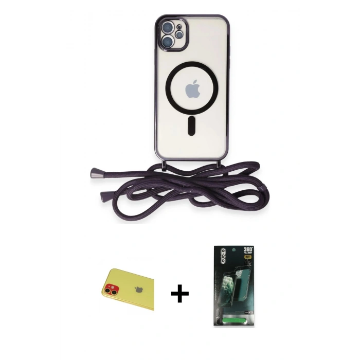 MARSİLYAN™- iPhone 11 Kılıf Eksen Özel Seri - Siyah 360 Mat Full Body Arka Koruyucu + Rainbow Kamera Lens Koruma Cam - KI