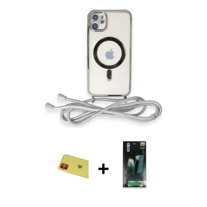 MARSİLYAN™- iPhone 11 Kılıf Eksen Özel Seri - Siyah 360 Mat Full Body Arka Koruyucu + Rainbow Kamera Lens Koruma Cam - KI