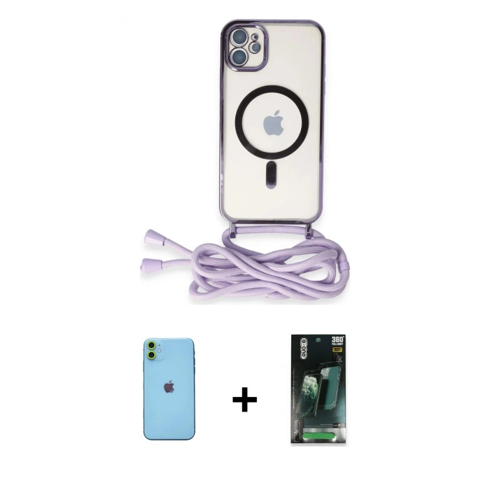 MARSİLYAN™- iPhone 11 Kılıf Eksen Özel Seri - Siyah 360 Mat Full Body Arka Koruyucu + Neon Fosforlu Kamera Lens - YL
