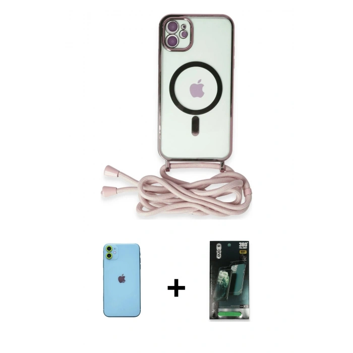 MARSİLYAN™- iPhone 11 Kılıf Eksen Özel Seri - Siyah 360 Mat Full Body Arka Koruyucu + Neon Fosforlu Kamera Lens - YL