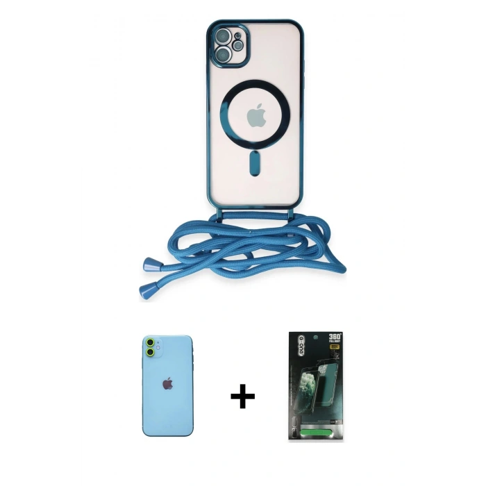 MARSİLYAN™- iPhone 11 Kılıf Eksen Özel Seri - Siyah 360 Mat Full Body Arka Koruyucu + Neon Fosforlu Kamera Lens - YL