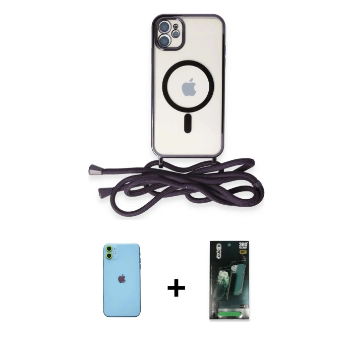 MARSİLYAN™- iPhone 11 Kılıf Eksen Özel Seri - Siyah 360 Mat Full Body Arka Koruyucu + Neon Fosforlu Kamera Lens - YL