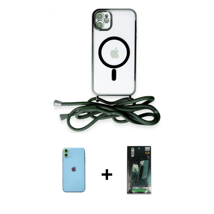 MARSİLYAN™- iPhone 11 Kılıf Eksen Özel Seri - Siyah 360 Mat Full Body Arka Koruyucu + Neon Fosforlu Kamera Lens - YL