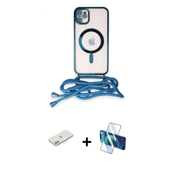 MARSİLYAN™- iPhone 11 Kılıf Eksen Özel Seri - Siyah 3D Antistatik Cam Ekran Koruyucu + Renkli Kamera Lens Koruma Cam - PE