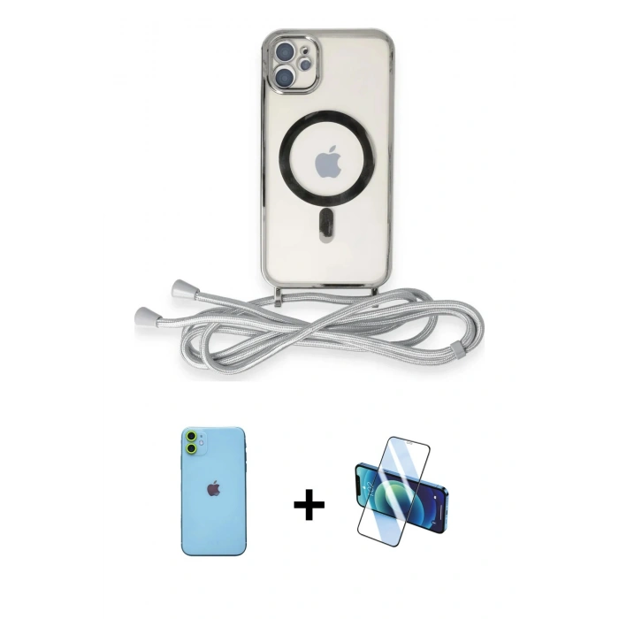MARSİLYAN™- iPhone 11 Kılıf Eksen Özel Seri - Siyah 3D Antistatik Cam Ekran Koruyucu + Neon Fosforlu Kamera Lens - YL