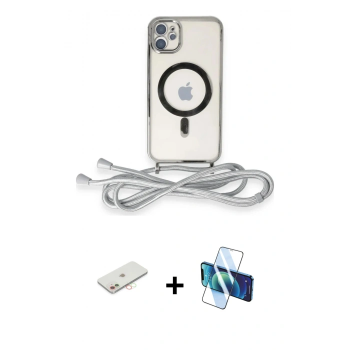 MARSİLYAN™- iPhone 11 Kılıf Eksen Özel Seri - Siyah 3D Antistatik Cam Ekran Koruyucu + Renkli Kamera Lens Koruma Cam - YL