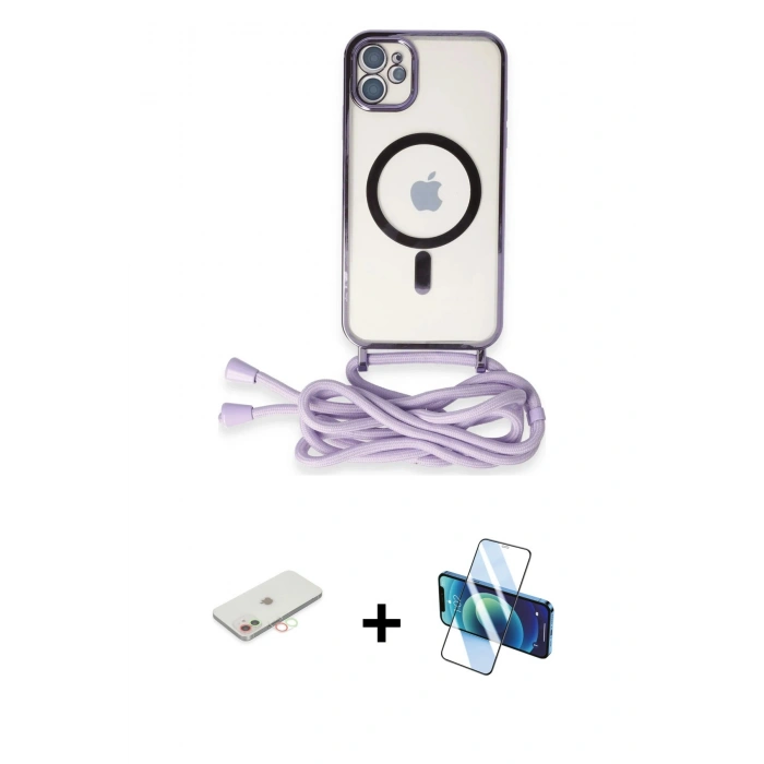 MARSİLYAN™- iPhone 11 Kılıf Eksen Özel Seri - Siyah 3D Antistatik Cam Ekran Koruyucu + Renkli Kamera Lens Koruma Cam - YL