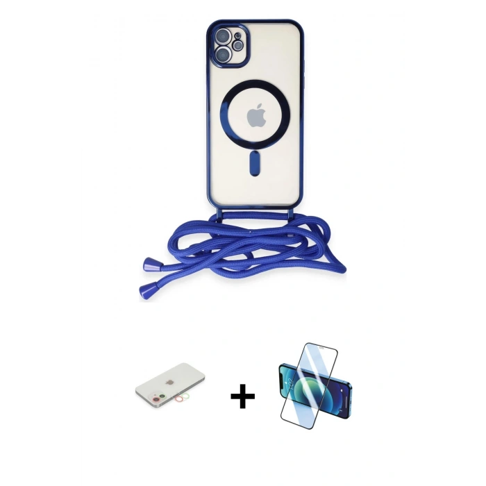 MARSİLYAN™- iPhone 11 Kılıf Eksen Özel Seri - Siyah 3D Antistatik Cam Ekran Koruyucu + Renkli Kamera Lens Koruma Cam - YL