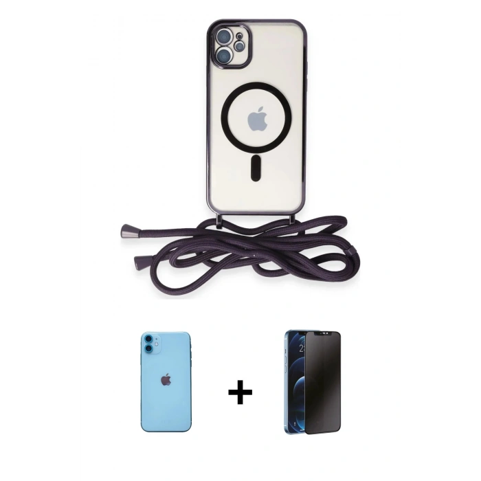 MARSİLYAN™- iPhone 11 Kılıf Eksen Özel Seri - Siyah 3D Antistatik Hayalet Cam Ekran Koruyucu + Neon Fosforlu Kamera Lens - MI