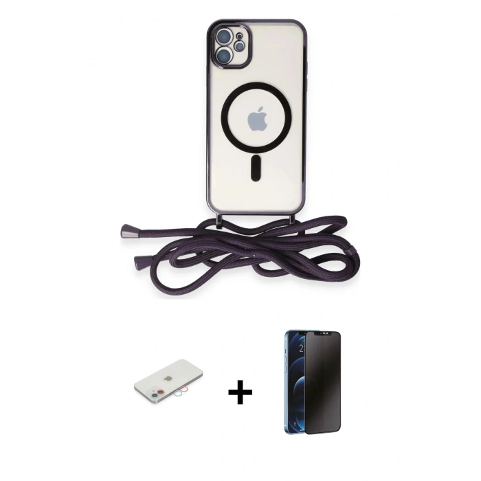 MARSİLYAN™- iPhone 11 Kılıf Eksen Özel Seri - Siyah 3D Antistatik Hayalet Cam Ekran Koruyucu + Renkli Kamera Lens Koruma Cam - PE