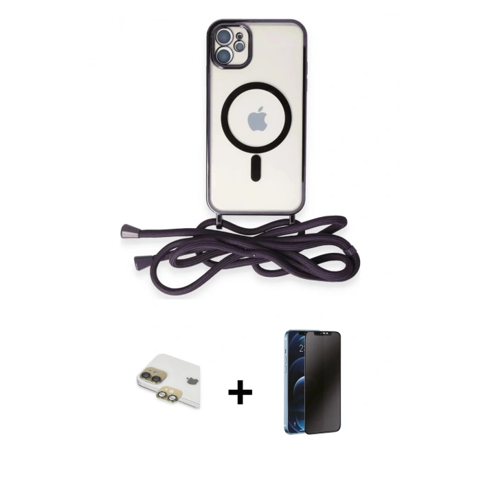 MARSİLYAN™- iPhone 11 Kılıf Eksen Özel Seri - Siyah 3D Antistatik Hayalet Cam Ekran Koruyucu + Pers Alüminyum Kamera Lens - GD