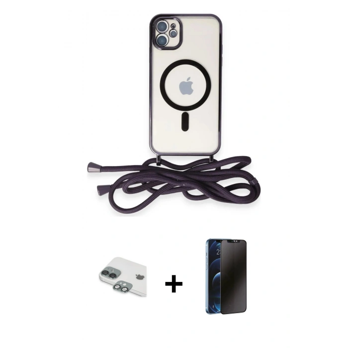 MARSİLYAN™- iPhone 11 Kılıf Eksen Özel Seri - Siyah 3D Antistatik Hayalet Cam Ekran Koruyucu + Pers Alüminyum Kamera Lens - YL