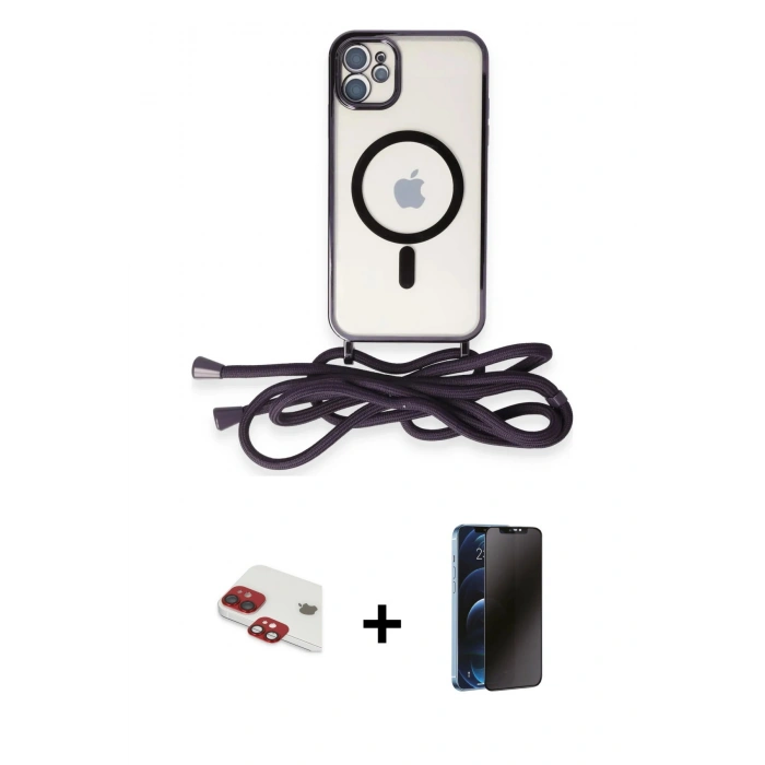 MARSİLYAN™- iPhone 11 Kılıf Eksen Özel Seri - Siyah 3D Antistatik Hayalet Cam Ekran Koruyucu + Pers Alüminyum Kamera Lens - KI