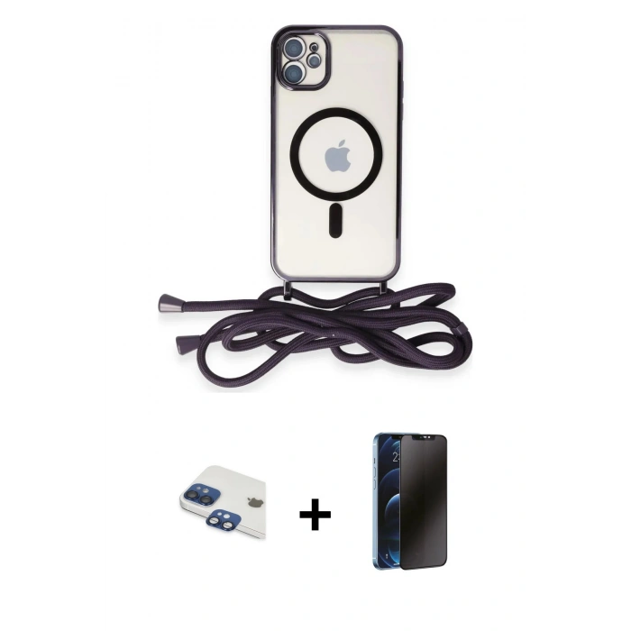 MARSİLYAN™- iPhone 11 Kılıf Eksen Özel Seri - Siyah 3D Antistatik Hayalet Cam Ekran Koruyucu + Pers Alüminyum Kamera Lens - LT