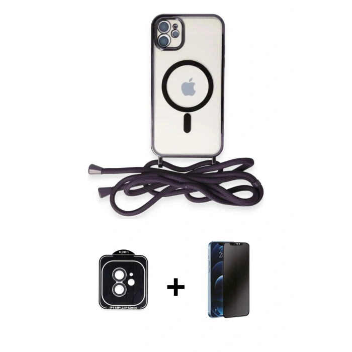 MARSİLYAN™- iPhone 11 Kılıf Eksen Özel Seri - Siyah 3D Antistatik Hayalet Cam Ekran Koruyucu + PVD Metal Kamera Lens - SH