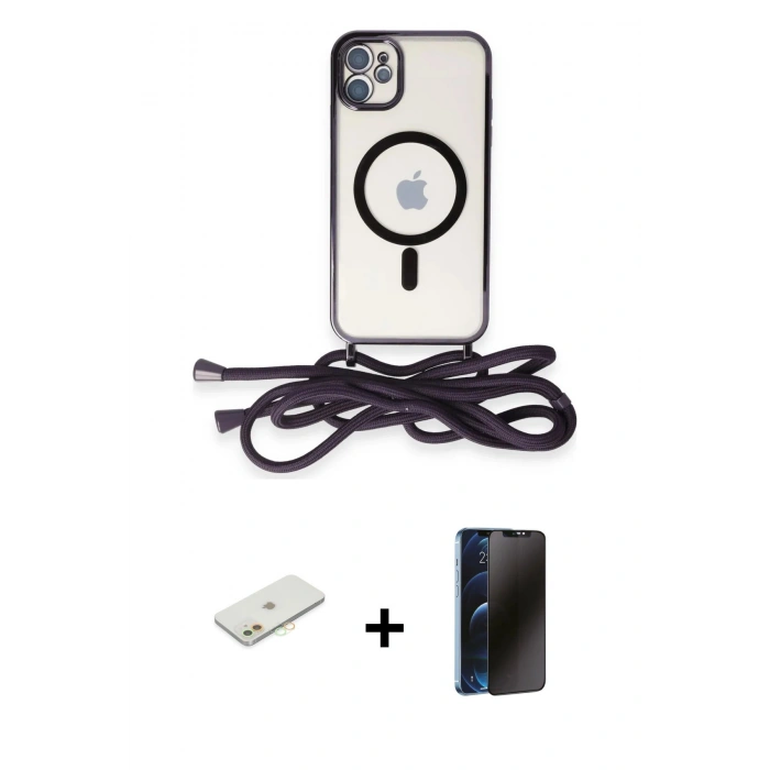 MARSİLYAN™- iPhone 11 Kılıf Eksen Özel Seri - Siyah 3D Antistatik Hayalet Cam Ekran Koruyucu + Renkli Kamera Lens Koruma Cam - TU