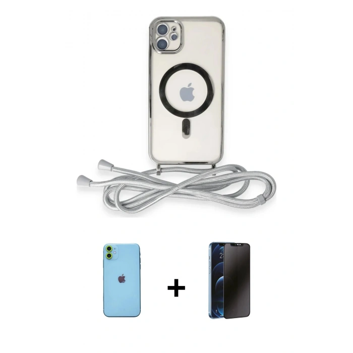 MARSİLYAN™- iPhone 11 Kılıf Eksen Özel Seri - Siyah 3D Antistatik Hayalet Cam Ekran Koruyucu + Neon Fosforlu Kamera Lens - YL