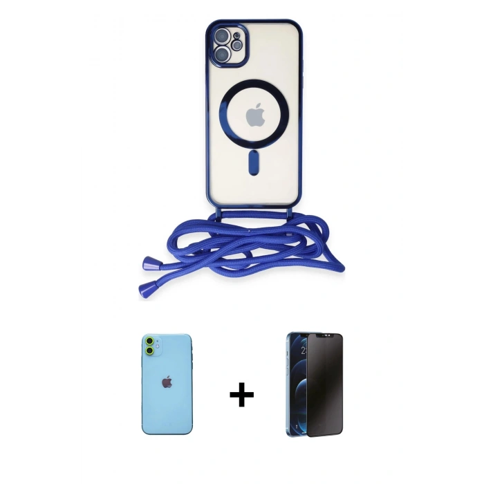 MARSİLYAN™- iPhone 11 Kılıf Eksen Özel Seri - Siyah 3D Antistatik Hayalet Cam Ekran Koruyucu + Neon Fosforlu Kamera Lens - YL