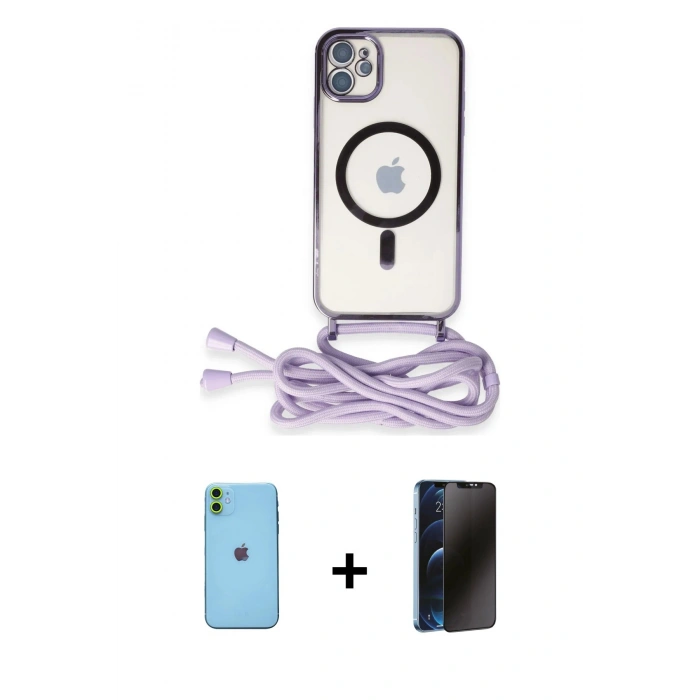MARSİLYAN™- iPhone 11 Kılıf Eksen Özel Seri - Siyah 3D Antistatik Hayalet Cam Ekran Koruyucu + Neon Fosforlu Kamera Lens - YL