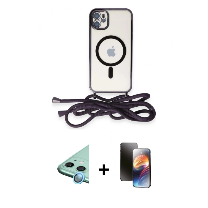 MARSİLYAN™- iPhone 11 Kılıf Eksen Özel Seri - Siyah 3D Antistatik Mat Seramik Nano Ekran Koruyucu + Mavi Raze Metal Kamera Lens