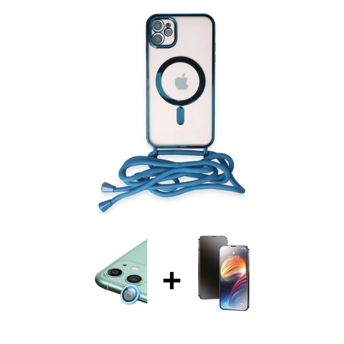MARSİLYAN™- iPhone 11 Kılıf Eksen Özel Seri - Siyah 3D Antistatik Mat Seramik Nano Ekran Koruyucu + Mavi Raze Metal Kamera Lens