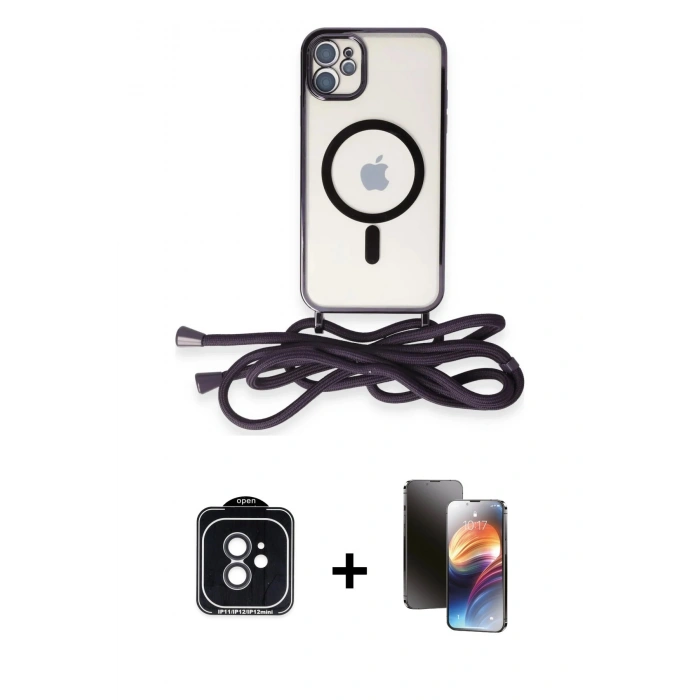 MARSİLYAN™- iPhone 11 Kılıf Eksen Özel Seri - Siyah 3D Antistatik Mat Seramik Nano Ekran Koruyucu + Siyah PVD Metal Kamera Lens
