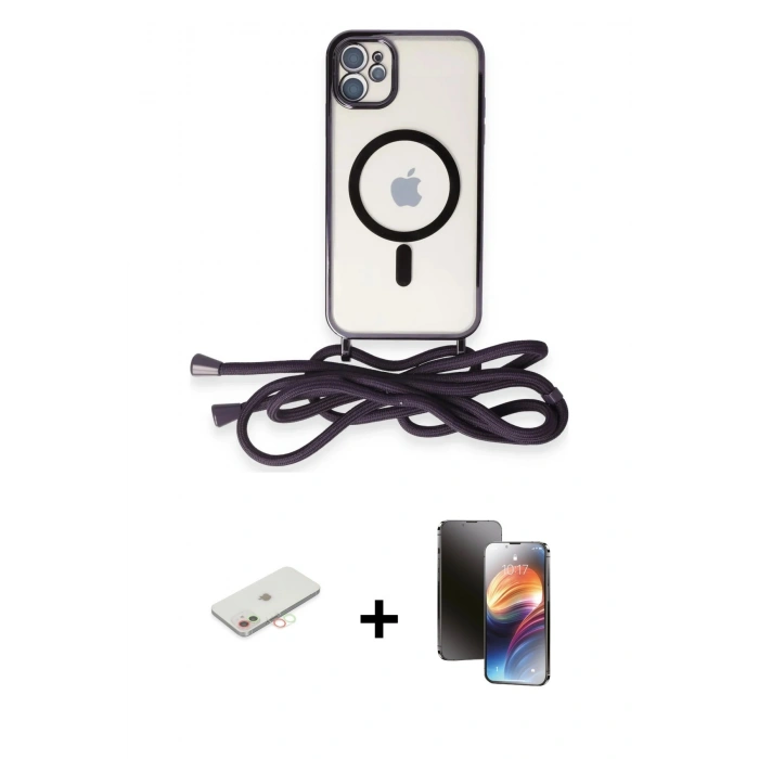 MARSİLYAN™- iPhone 11 Kılıf Eksen Özel Seri - Siyah 3D Antistatik Mat Seramik Nano Ekran Koruyucu + Yeşil Renkli Kamera Lens Koruma Cam