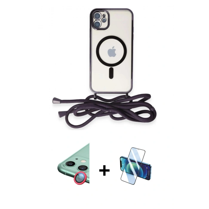 MARSİLYAN™- iPhone 11 Kılıf Eksen Özel Seri - Siyah 3D Antistatik Seramik Nano Ekran Koruyucu + Kırmızı Raze Metal Kamera Lens