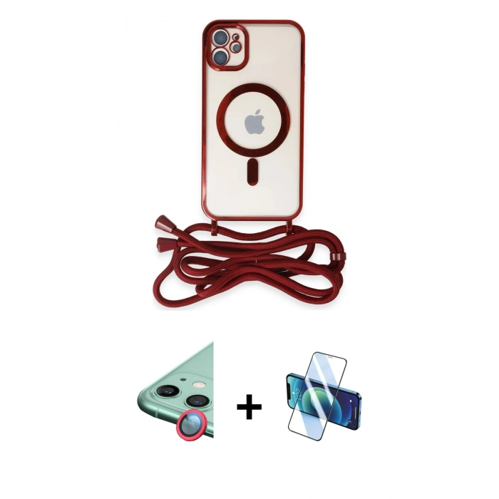 MARSİLYAN™- iPhone 11 Kılıf Eksen Özel Seri - Siyah 3D Antistatik Seramik Nano Ekran Koruyucu + Kırmızı Raze Metal Kamera Lens