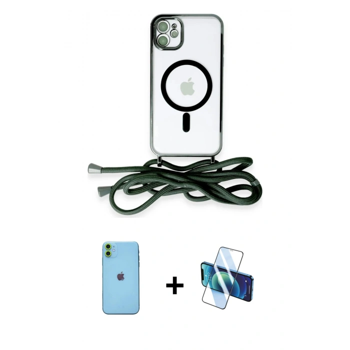 MARSİLYAN™- iPhone 11 Kılıf Eksen Özel Seri - Siyah 3D Antistatik Seramik Nano Ekran Koruyucu + Neon Fosforlu Kamera Lens - YL