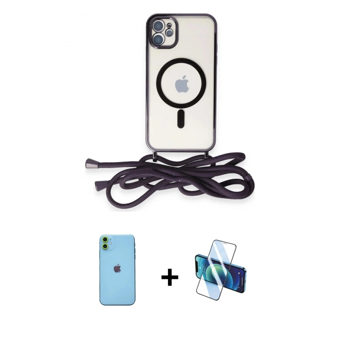 MARSİLYAN™- iPhone 11 Kılıf Eksen Özel Seri - Siyah 3D Antistatik Seramik Nano Ekran Koruyucu + Neon Fosforlu Kamera Lens - YL