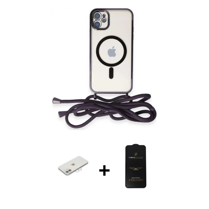 MARSİLYAN™- iPhone 11 Kılıf Eksen Özel Seri - Siyah 6D Antistatik Mat Seramik Hayalet Nano Ekran Koruyucu + Renkli Kamera Lens Koruma Cam - PE