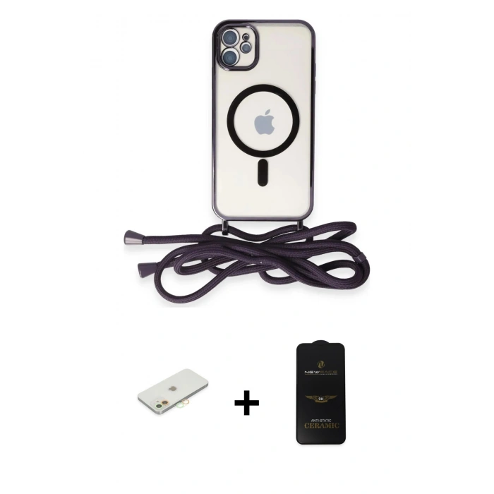 MARSİLYAN™- iPhone 11 Kılıf Eksen Özel Seri - Siyah 6D Antistatik Mat Seramik Hayalet Nano Ekran Koruyucu + Renkli Kamera Lens Koruma Cam - TU