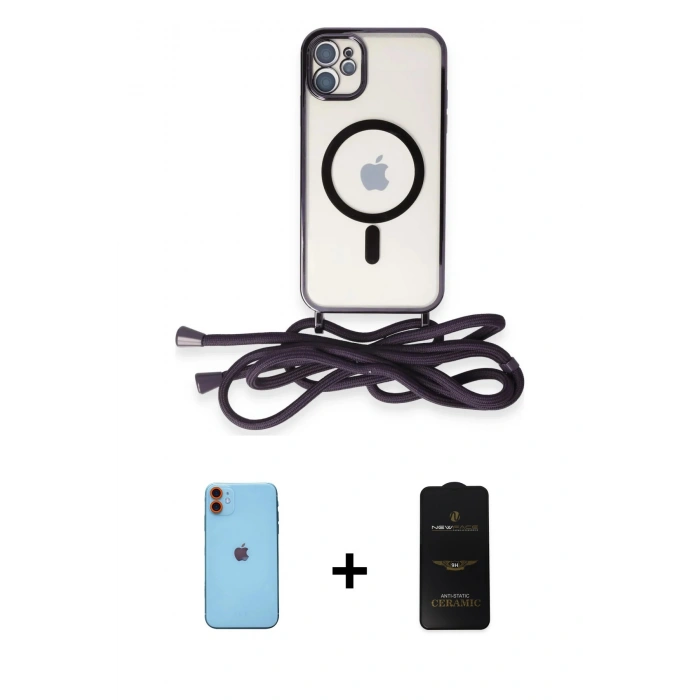 MARSİLYAN™- iPhone 11 Kılıf Eksen Özel Seri - Siyah 6D Antistatik Mat Seramik Hayalet Nano Ekran Koruyucu + Neon Fosforlu Kamera Lens - TU