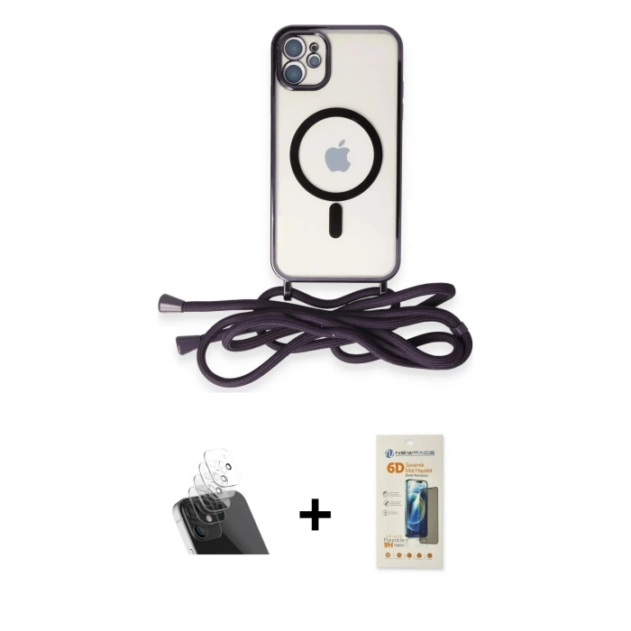 MARSİLYAN™- iPhone 11 Kılıf Eksen Özel Seri - Siyah 6D Mat Seramik Hayalet Nano Ekran Koruyucu + Kamera Lens Koruma Cam - SF