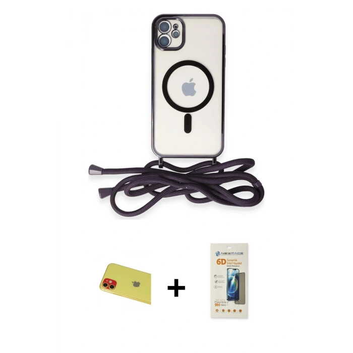 MARSİLYAN™- iPhone 11 Kılıf Eksen Özel Seri - Siyah 6D Mat Seramik Hayalet Nano Ekran Koruyucu + Rainbow Kamera Lens Koruma Cam - KI