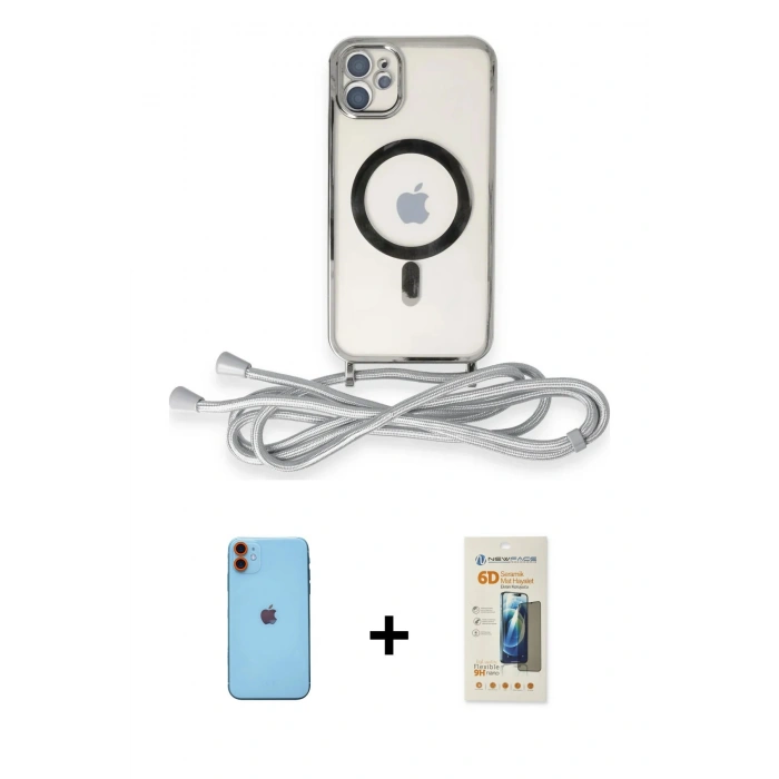 MARSİLYAN™- iPhone 11 Kılıf Eksen Özel Seri - Siyah 6D Mat Seramik Hayalet Nano Ekran Koruyucu + Neon Fosforlu Kamera Lens - TU