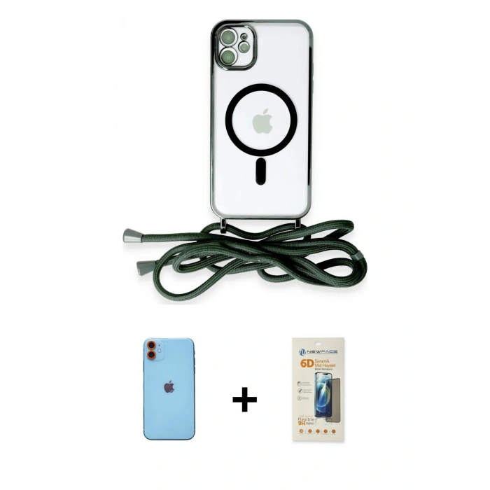 MARSİLYAN™- iPhone 11 Kılıf Eksen Özel Seri - Siyah 6D Mat Seramik Hayalet Nano Ekran Koruyucu + Neon Fosforlu Kamera Lens - TU