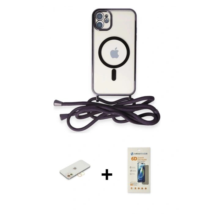 MARSİLYAN™- iPhone 11 Kılıf Eksen Özel Seri - Siyah 6D Mat Seramik Hayalet Nano Ekran Koruyucu + Sarı Renkli Kamera Lens Koruma Cam