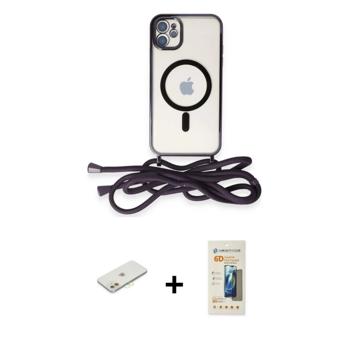 MARSİLYAN™- iPhone 11 Kılıf Eksen Özel Seri - Siyah 6D Mat Seramik Hayalet Nano Ekran Koruyucu + Renkli Kamera Lens Koruma Cam - TU