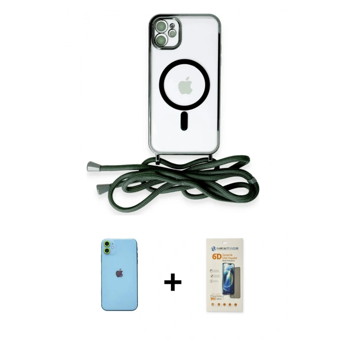 MARSİLYAN™- iPhone 11 Kılıf Eksen Özel Seri - Siyah 6D Mat Seramik Hayalet Nano Ekran Koruyucu + Neon Fosforlu Kamera Lens - YL