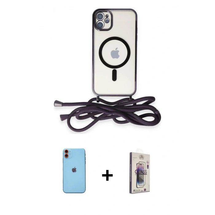 MARSİLYAN™- iPhone 11 Kılıf Eksen Özel Seri - Siyah Bilvis 3D Cam Ekran Koruyucu + Neon Fosforlu Kamera Lens - TU