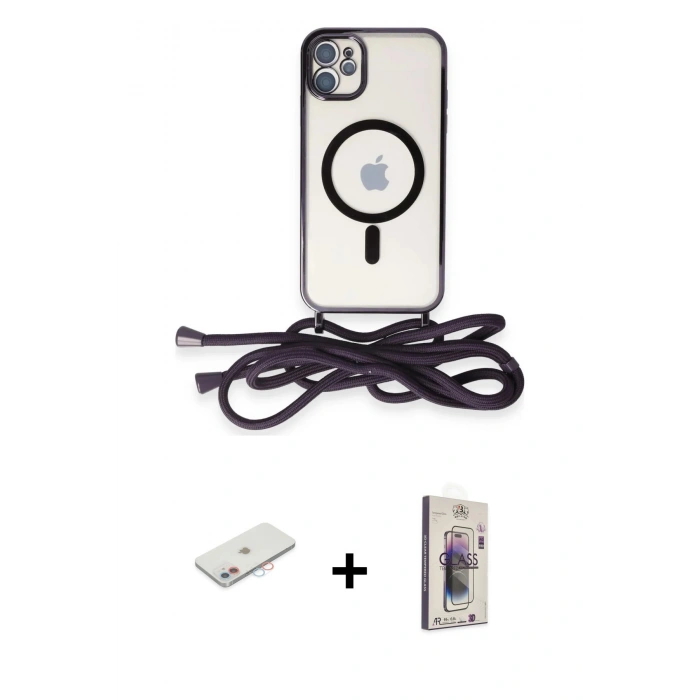 MARSİLYAN™- iPhone 11 Kılıf Eksen Özel Seri - Siyah Bilvis 3D Cam Ekran Koruyucu + Renkli Kamera Lens Koruma Cam - PE