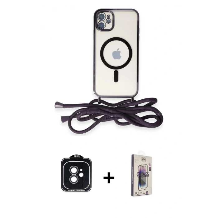 MARSİLYAN™- iPhone 11 Kılıf Eksen Özel Seri - Siyah Bilvis 3D Cam Ekran Koruyucu + PVD Metal Kamera Lens - SH