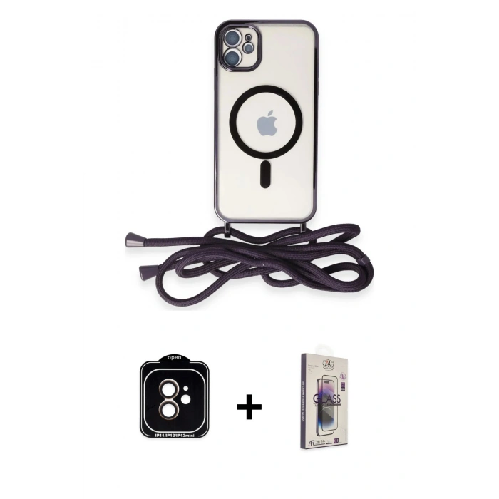 MARSİLYAN™- iPhone 11 Kılıf Eksen Özel Seri - Siyah Bilvis 3D Cam Ekran Koruyucu + PVD Metal Kamera Lens - TU