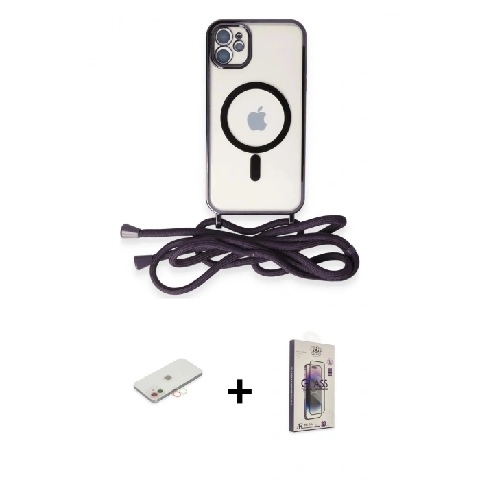 MARSİLYAN™- iPhone 11 Kılıf Eksen Özel Seri - Siyah Bilvis 3D Cam Ekran Koruyucu + Renkli Kamera Lens Koruma Cam - YL