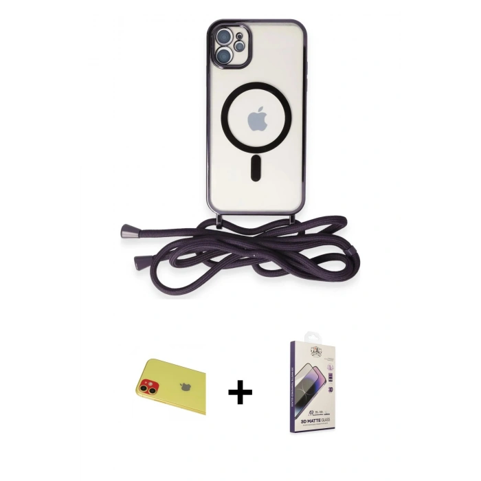 MARSİLYAN™- iPhone 11 Kılıf Eksen Özel Seri - Siyah Bilvis 3D Mat Cam Ekran Koruyucu + Kırmızı Rainbow Kamera Lens Koruma Cam