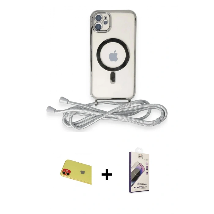 MARSİLYAN™- iPhone 11 Kılıf Eksen Özel Seri - Siyah Bilvis 3D Mat Cam Ekran Koruyucu + Kırmızı Rainbow Kamera Lens Koruma Cam